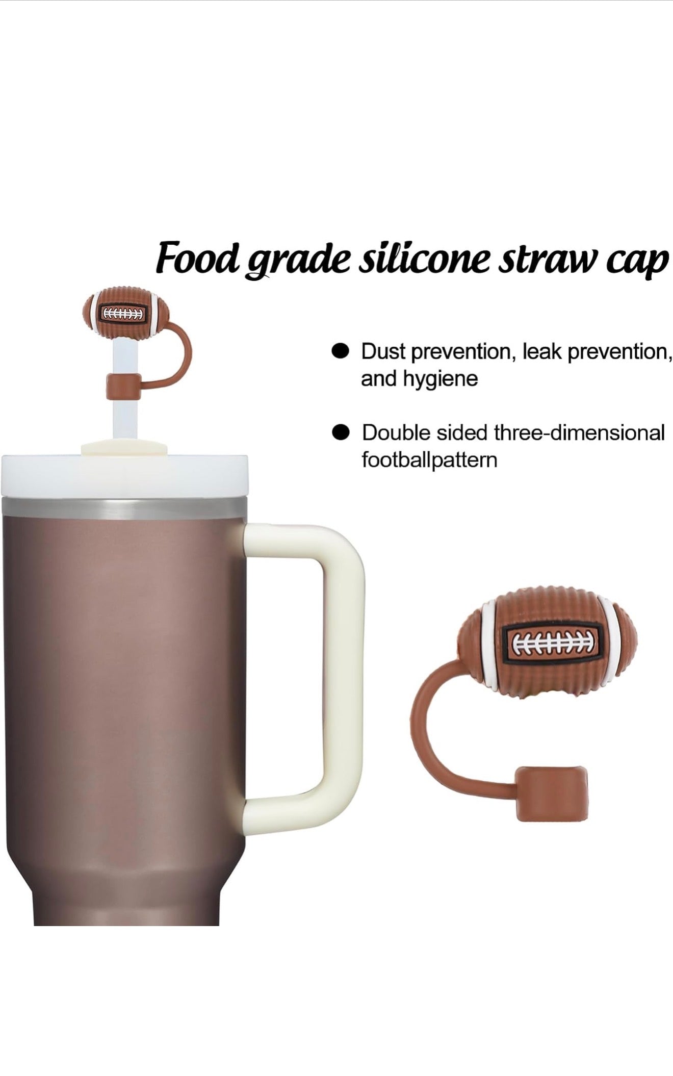 Football Straw Cover for most 30 oz tumblers, with double-sided 3D football pattern and silicone topper for dust and leak prevention.