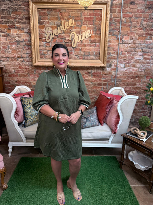 Olive Jacquard High Neck Dress