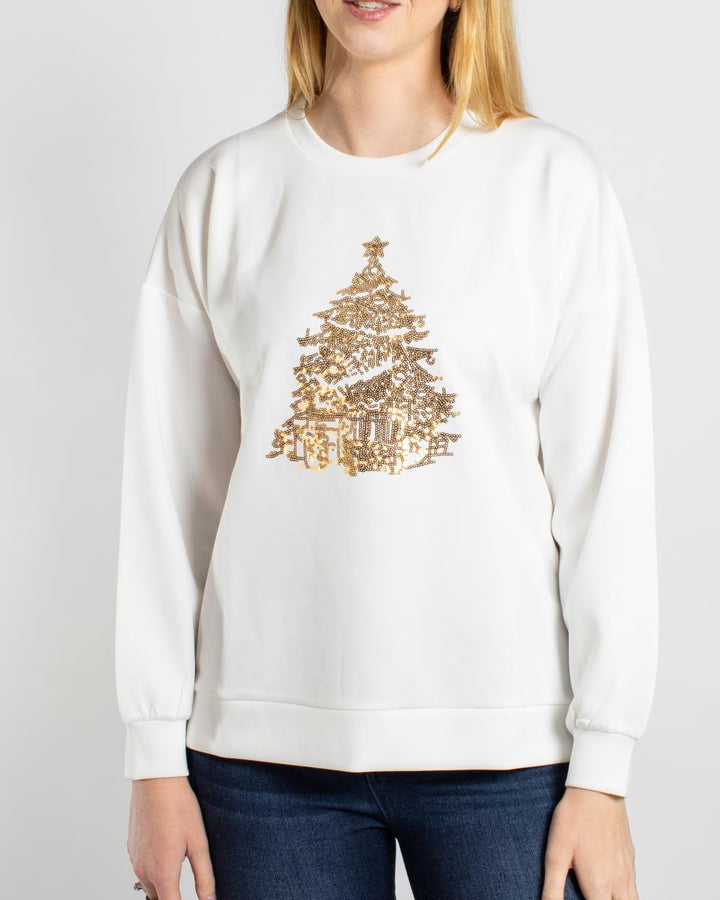 White long-sleeve Stockbridge Tree Sequin Sweatshirt featuring a gold sequin Christmas tree.
