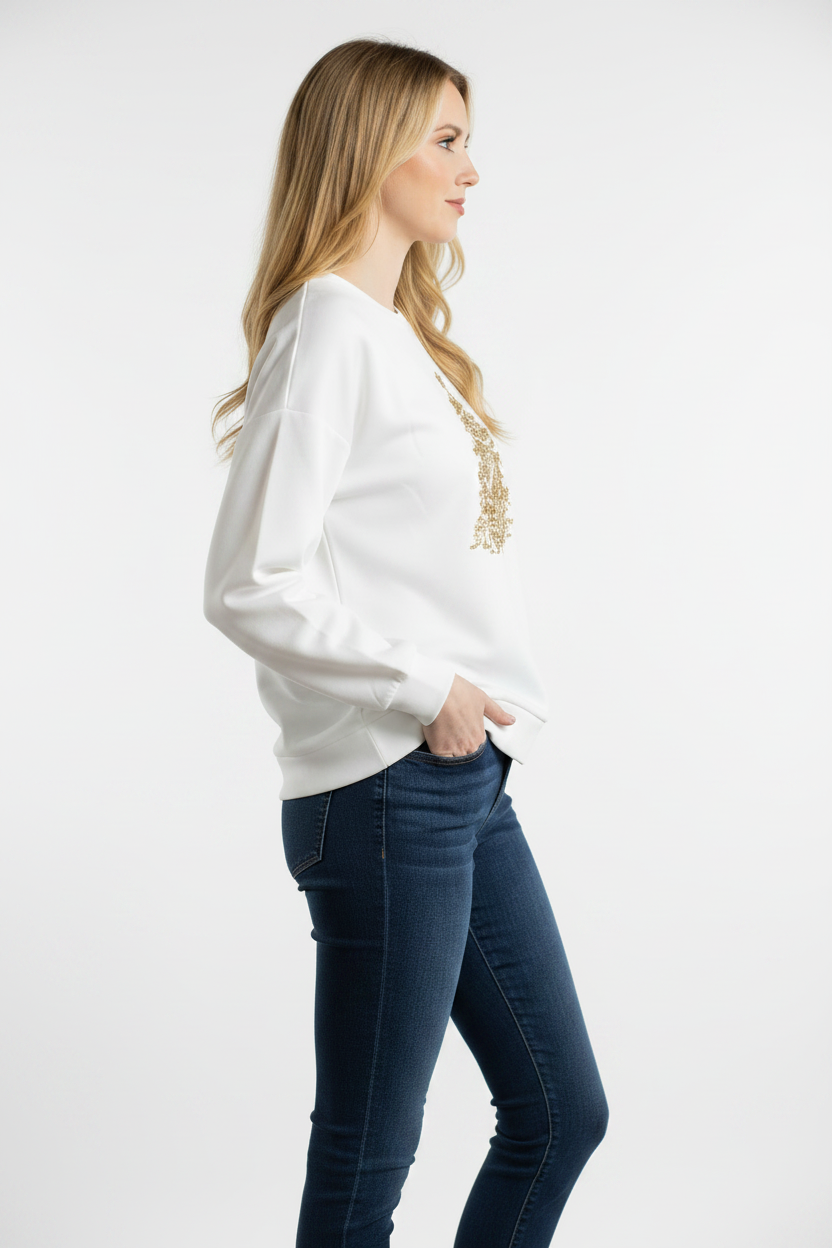 White Stockbridge Tree Sequin Sweatshirt with gold sequin Christmas tree.