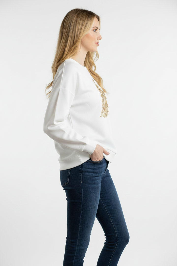 White Stockbridge Tree Sequin Sweatshirt with gold sequin Christmas tree.