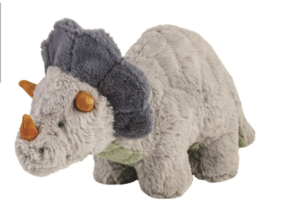Monty Dino Plush: gray fur, dark blue frill, orange horns, yellow button eyes. Available in small and large sizes.