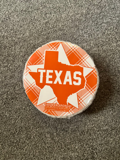 Round sponge with red and white plaid design, "TEXAS" over state silhouette and star. Available sizes: small, medium, large.