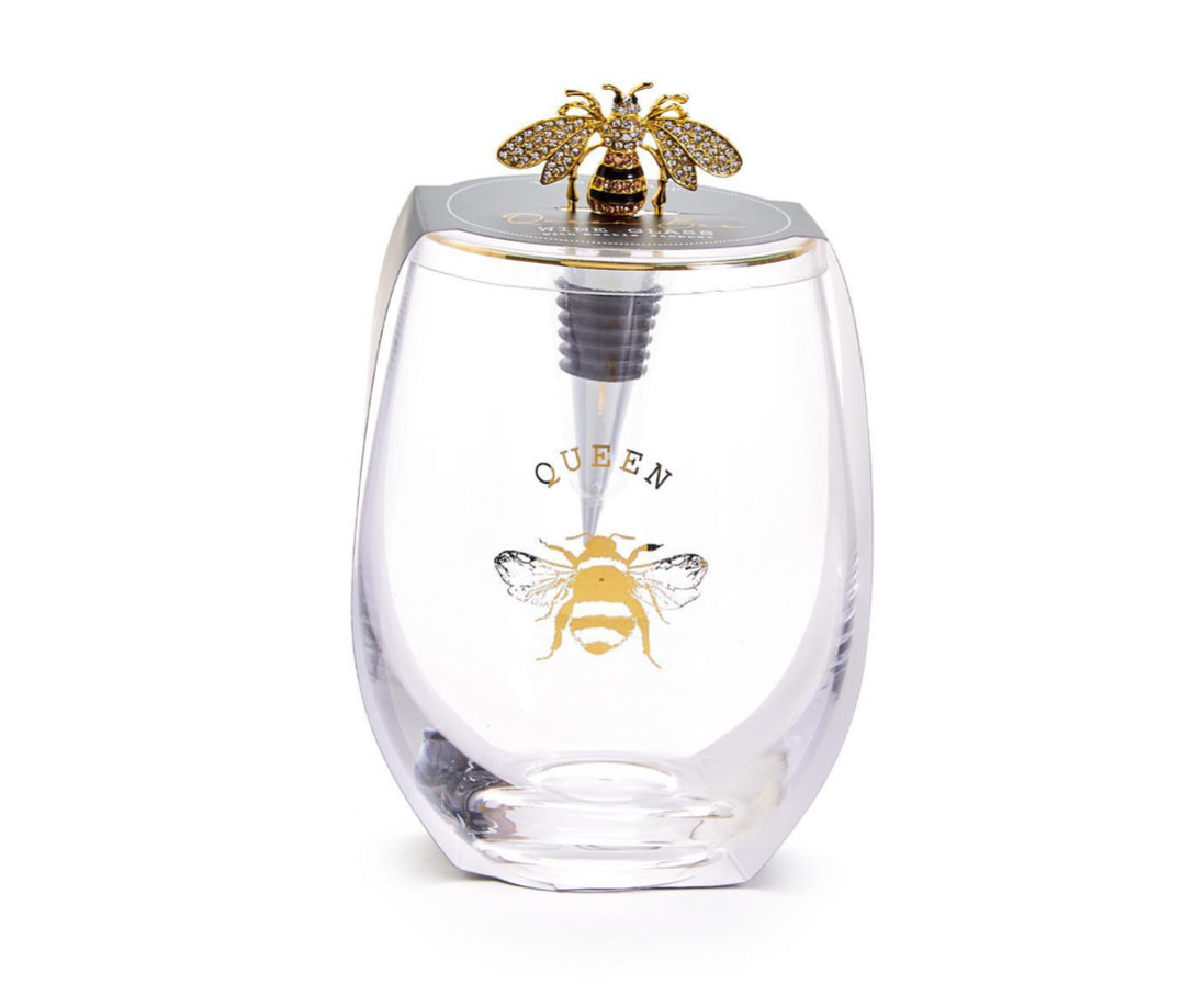 Bee Stemless Wine Glass & Wine Stopper