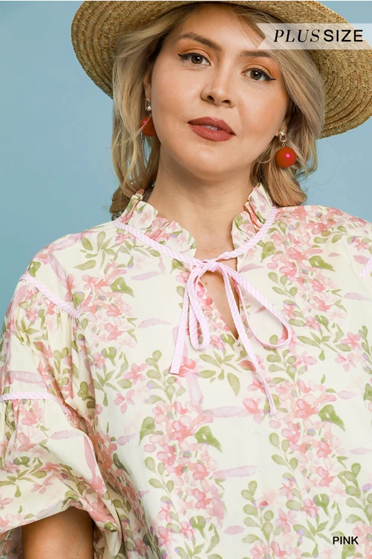 PLUS SIZE Floral Everlee Dress: pink-and-white ruffled mini, bow tie neckline. Sizes: 1X-4X.