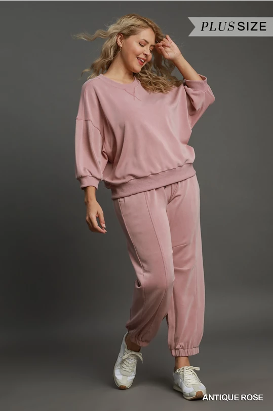 Ultra Soft Jogger Pants in antique rose, drawstring waist, plus size available. Sizes range from 1X to 4X.