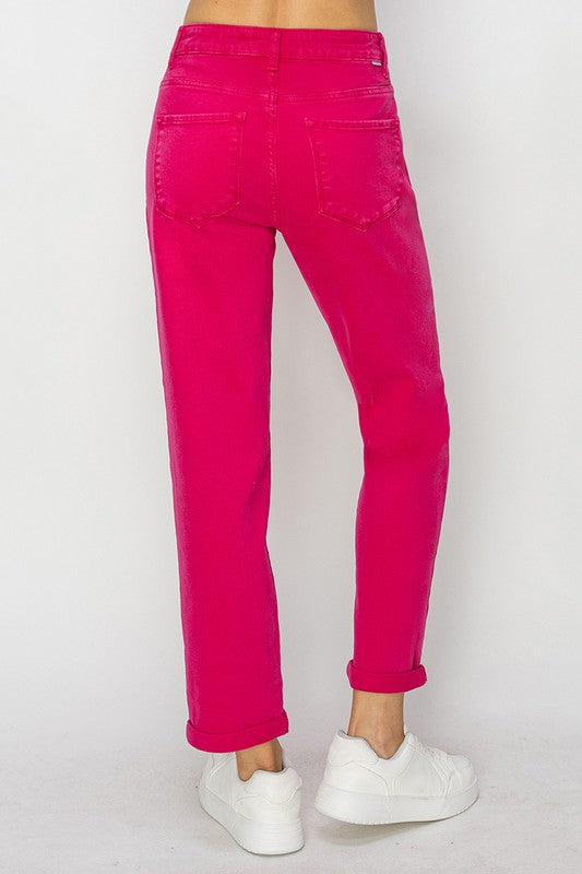 Fuchsia High Rise Ankle Boyfriend Pants shown; available in sizes 24-32.
