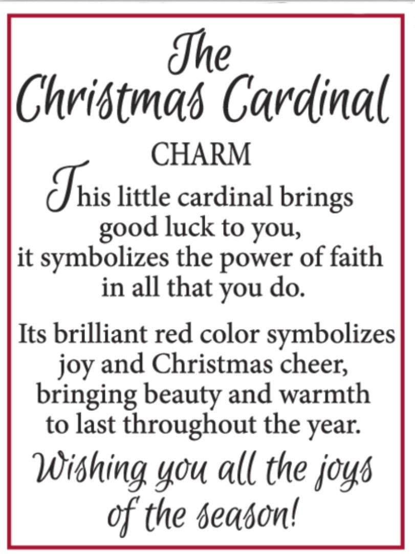 The Christmas Cardinal Charm card features a poem about the festive bird as a good luck charm. Available in multiple sizes.