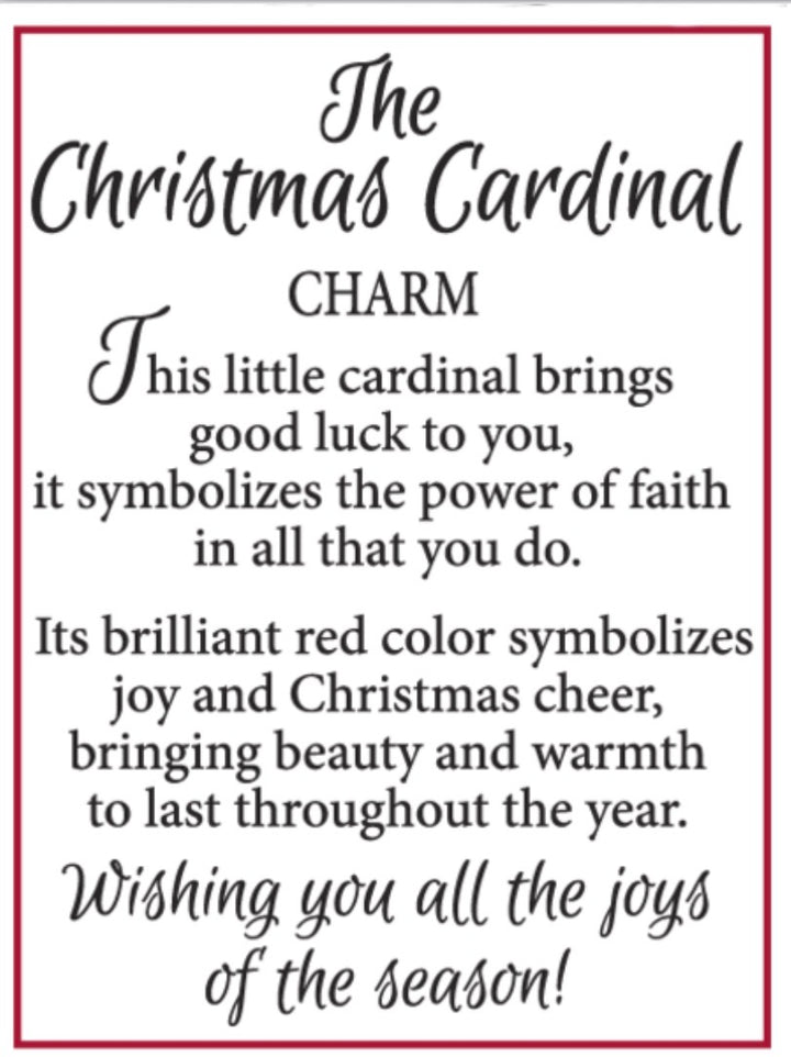 The Christmas Cardinal Charm card features a poem about the festive bird as a good luck charm. Available in multiple sizes.