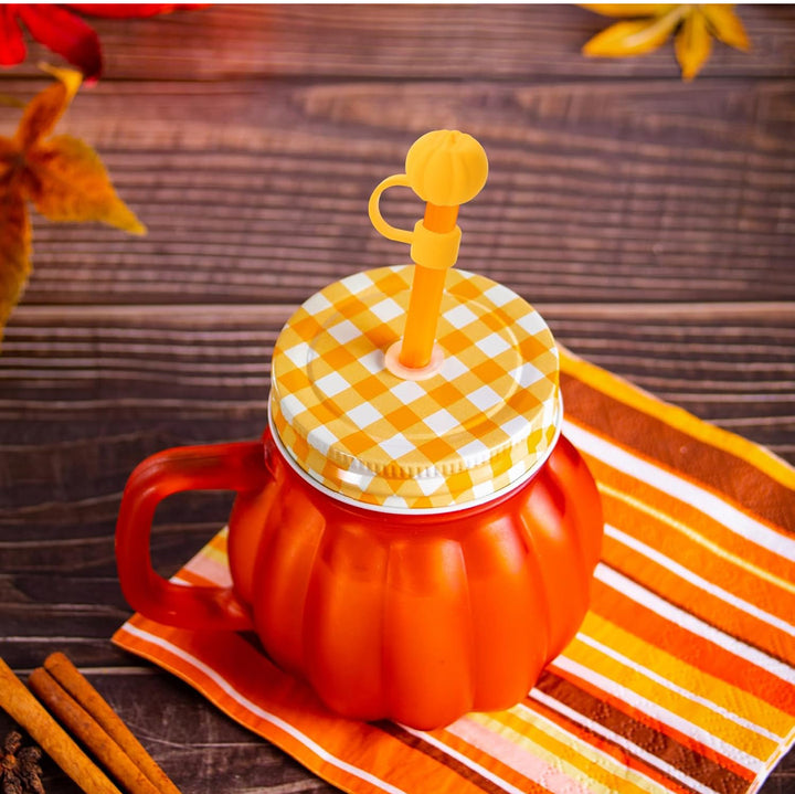 Pumpkin Straw Covers shown on orange mug; available in small, medium, and large.