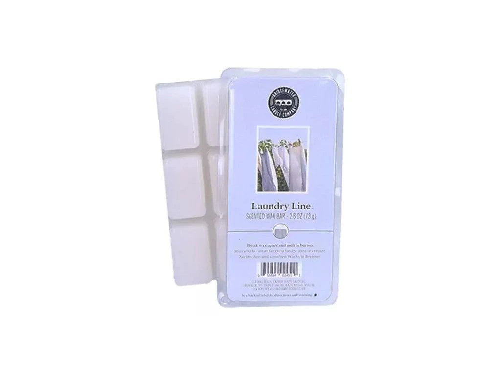 Bridgewater Wax Melts | Laundry Line: white, sectioned wax bars in clamshell package. Size: standard 2.6 oz pack.
