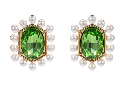 Green Oval Pearled Stud Earrings: gold studs with a central green oval gemstone, encircled by small white pearls in a circular pattern. Available sizes: small, medium, large.