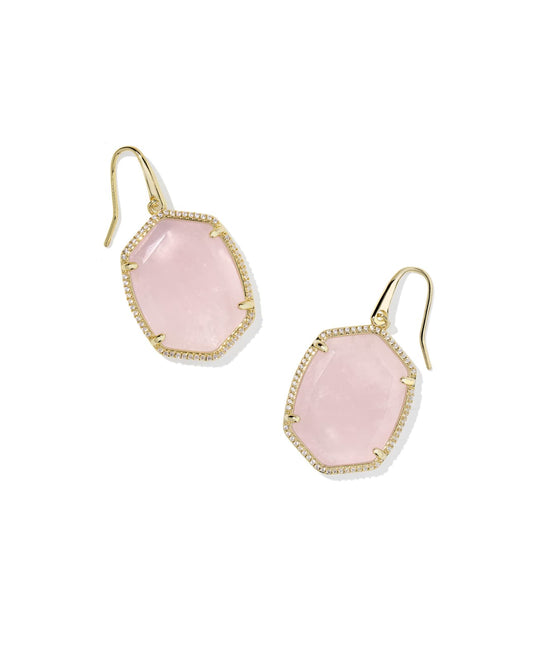 Gold drop earrings with large faceted rose quartz, sparkling borders, hook clasps. Available in one size.