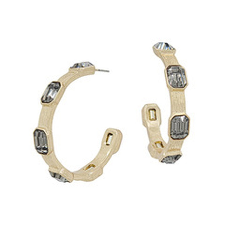 Shay Black Diamond Earrings: modern gold-tone hoops with rectangular clear gemstones. Available sizes: small, medium, large.