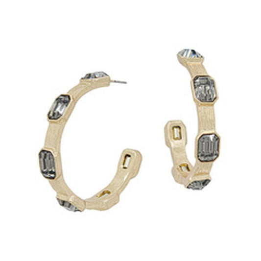 Shay Black Diamond Earrings: modern gold-tone hoops with rectangular clear gemstones. Available sizes: small, medium, large.