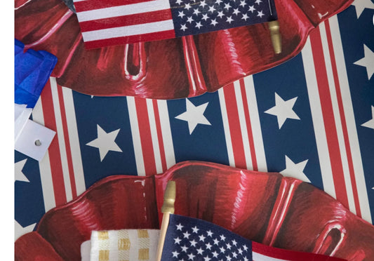 Star and Stripes Table Runner in red, white, and blue; available in 60", 72", and 90" lengths.
