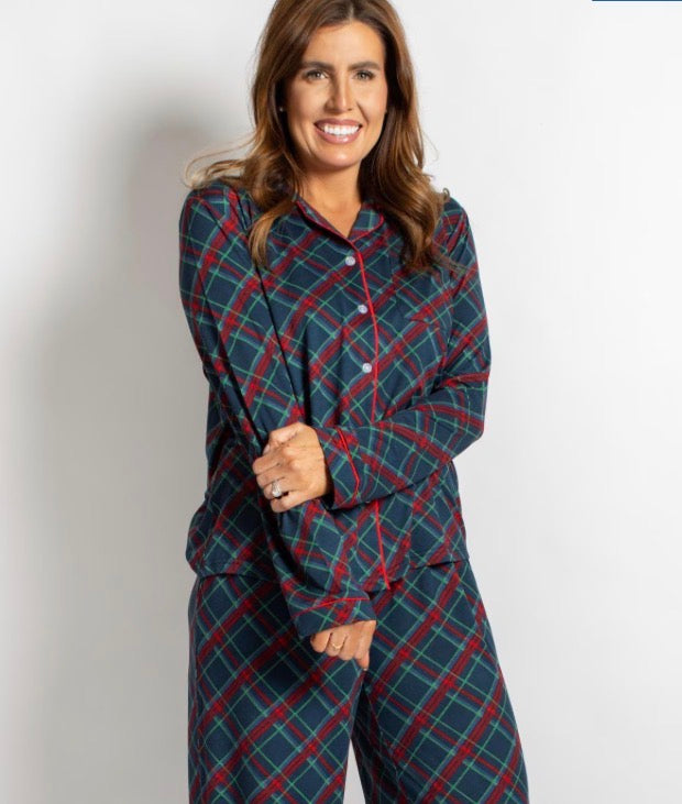 Women’s Layton Plaid Sleep Shirt, a long-sleeved teal, red, and green plaid button-down. Available in various sizes.