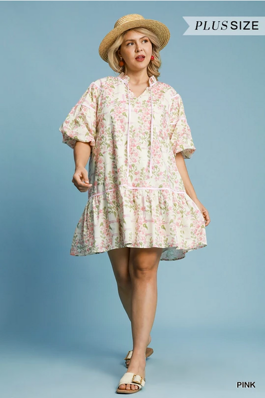 Floral Everlee Dress: loose-fitting pink and white mini, puff sleeves, ruffled hem. Available in XS–XL.