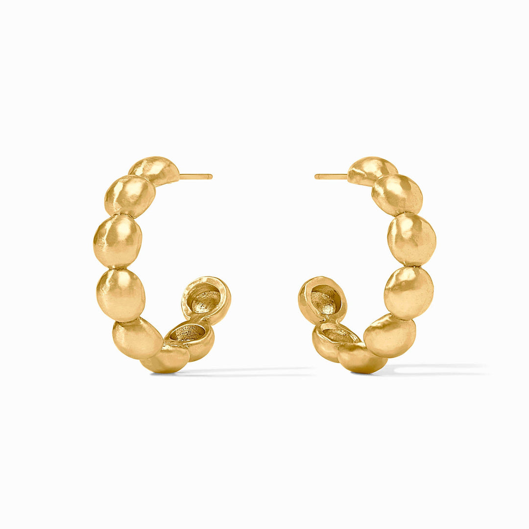 Solara Nova Hoop Earrings: 24K gold plated, rounded pebble beads, open circle design. Available in small and large sizes.