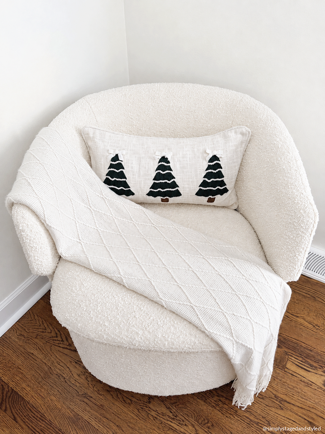 White velvet lumbar pillow featuring three dark green Christmas trees with small bows. Available in various sizes.