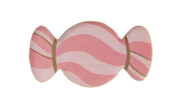 Enameled metal candy-shaped trays with pink and light pink diagonal stripes and gold trim.