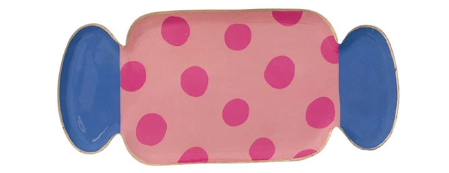 Candy-shaped enameled metal tray with pink polka-dot center, blue sides, and gold-tone edges.