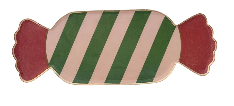 Enameled metal candy-shaped tray with red ends and a green and pink striped center.