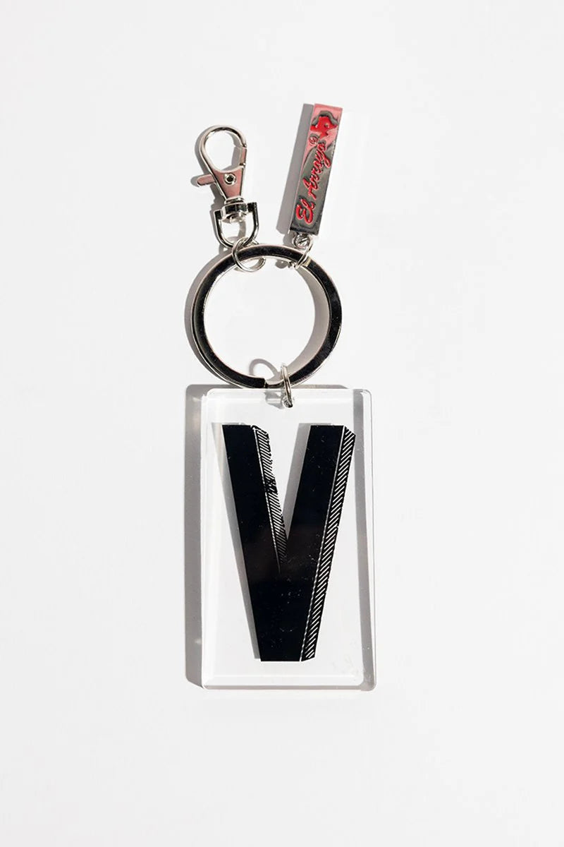 Rectangular acrylic keychain with bold black "V," silver keyring, clasp, red and white tag; available in 2"x1" size.