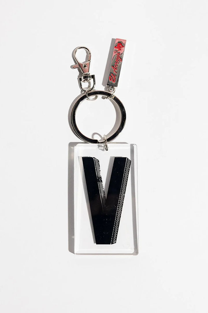 Rectangular acrylic keychain with bold black "V," silver keyring, clasp, red and white tag; available in 2"x1" size.
