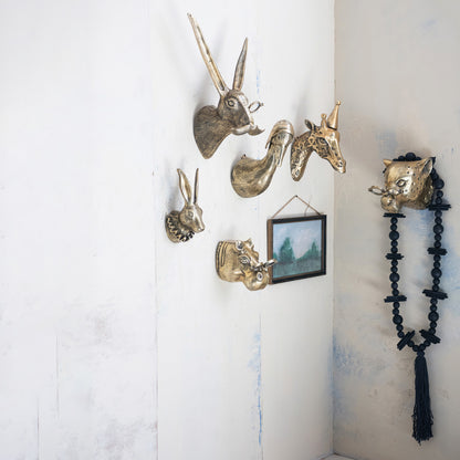 Cast Aluminum Head wall décor—gazelle, rabbit, giraffe, horse, pig in antique brass finish. Sizes: Small and Large.