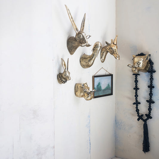 Cast Aluminum Head wall décor—gazelle, rabbit, giraffe, horse, pig in antique brass finish. Sizes: Small and Large.
