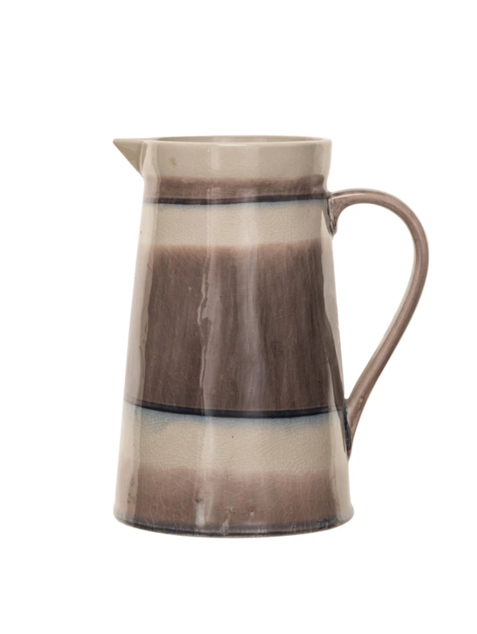 64 oz. stoneware pitcher with handle, small spout, beige and brown stripes, and reactive crackle glaze finish.