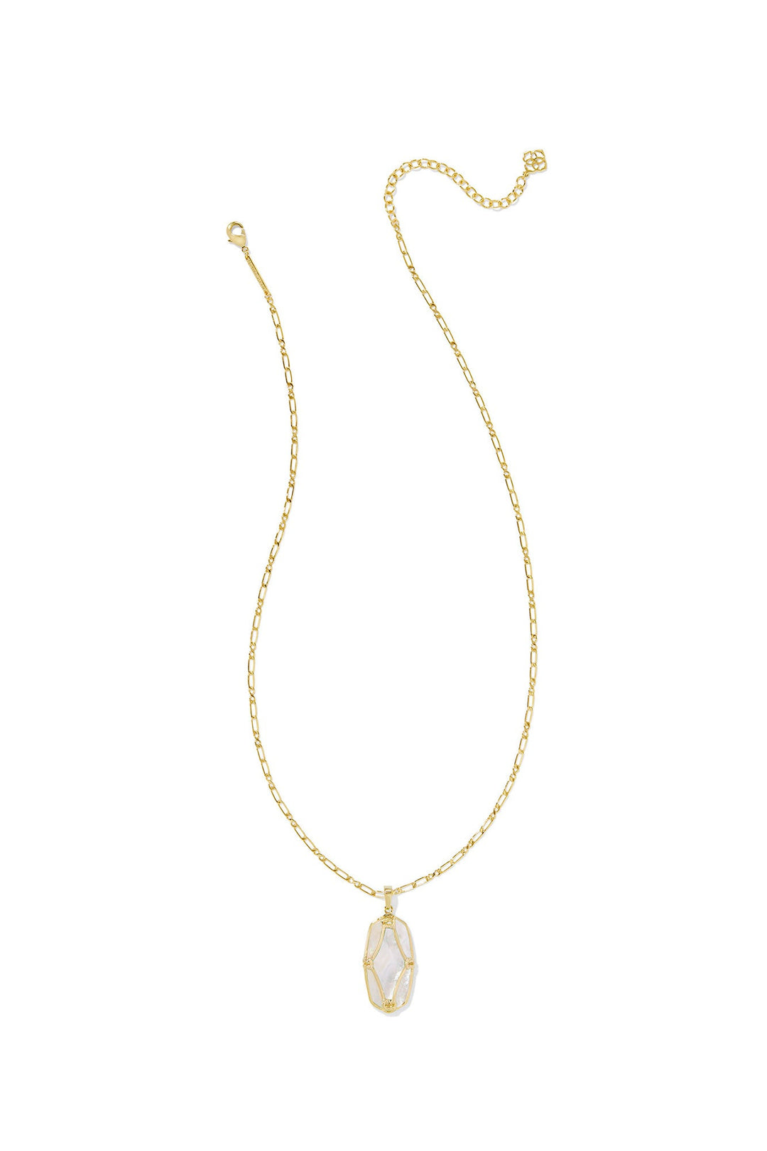 The Elle Lattice Frame Pendant Necklace by Kendra Scott features a gold pendant with clear gemstone. Available in 15", 16", and 18".