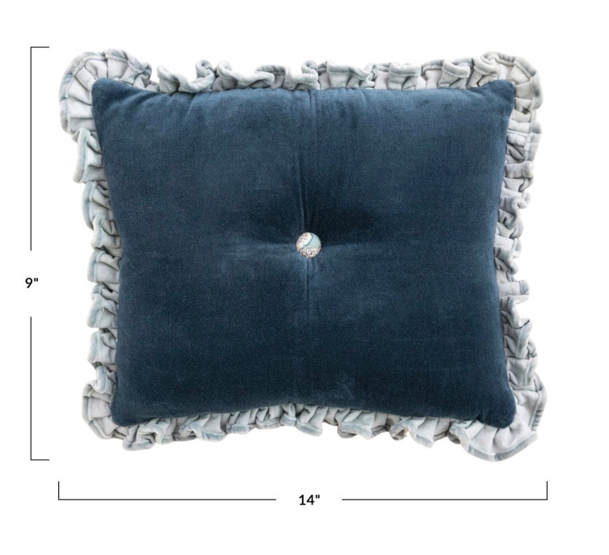 Rectangular navy blue velvet pillow with a center button and ruffled light gray edges. Available in 9 x 14 inches.