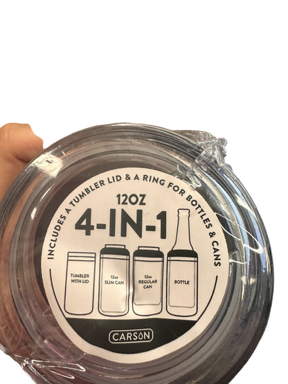 Clear 12-ounce tumbler labeled "Texas Sticker Drink Containers" with a versatile "12oz 4-IN-1" design. Includes a tumbler lid and a ring adaptable for bottles and cans. Can be used as a tumbler, slim can holder, regular can holder, or bottle holder. Decorated with Texas stickers! Available size: 12oz.