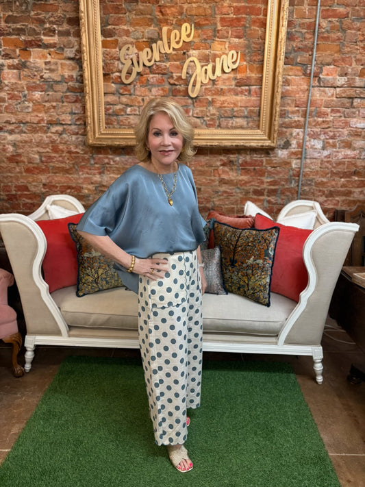 Denim Blue HW Wide Scallop Polka Dot Pants available in sizes S-XL.