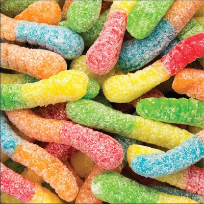 Mahjong Small Candy Bags with sugar-coated sour gummy worms and assorted colorful candies; available in small size.