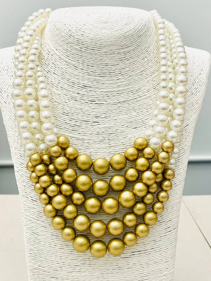 The CHIC - 5-Strand Pearl Necklace (white/matte gold) NK891 features alternating rows of high luster white and matte gold large round beads. Available in multiple lengths.