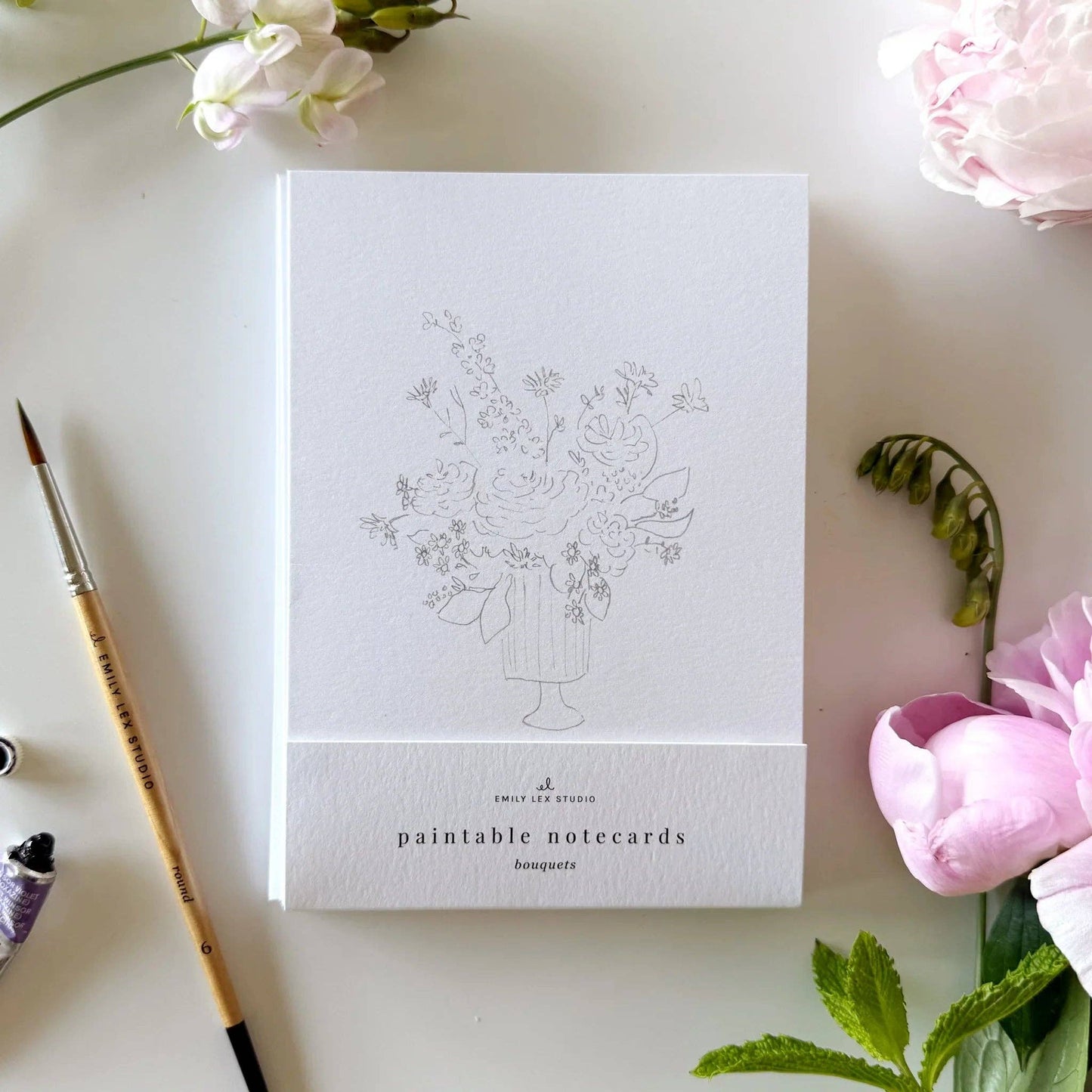 Bouquets paintable watercolor notecard set with a bouquet sketch on the cover; sizes available.