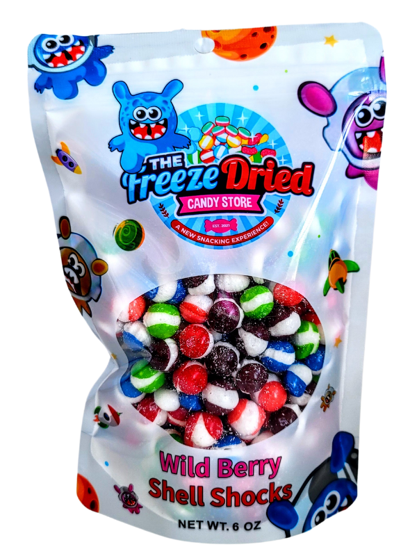 Freeze Dried Shell Shocks: Sour Wild Berry, 4 oz pack, colorful striped candies in red, green, blue, white, and purple.