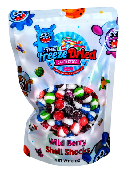 Freeze Dried Shell Shocks: Sour Wild Berry, 4 oz pack, colorful striped candies in red, green, blue, white, and purple.