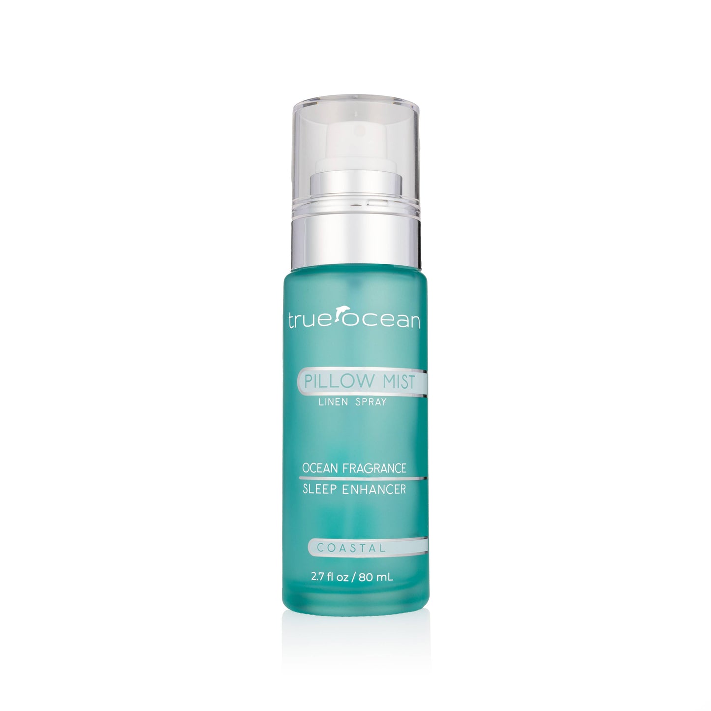 Teal 2.7oz True Ocean Pillow Mist with clear cap, sleep enhancer label, coastal scent, linen spray (2.7 fl oz/80mL).