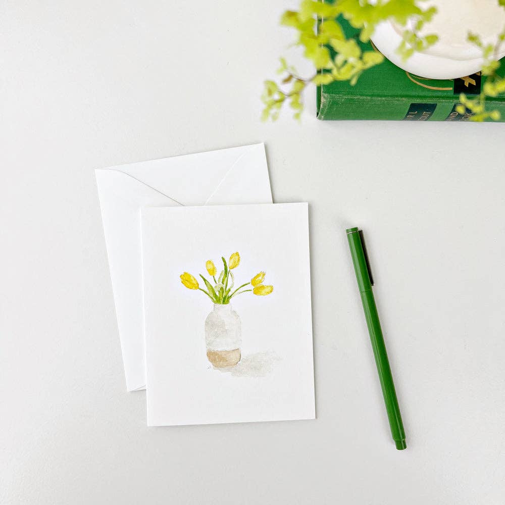 Set of 8 notecards featuring watercolor yellow flowers in a vase; includes matching envelopes. Size options not specified.
