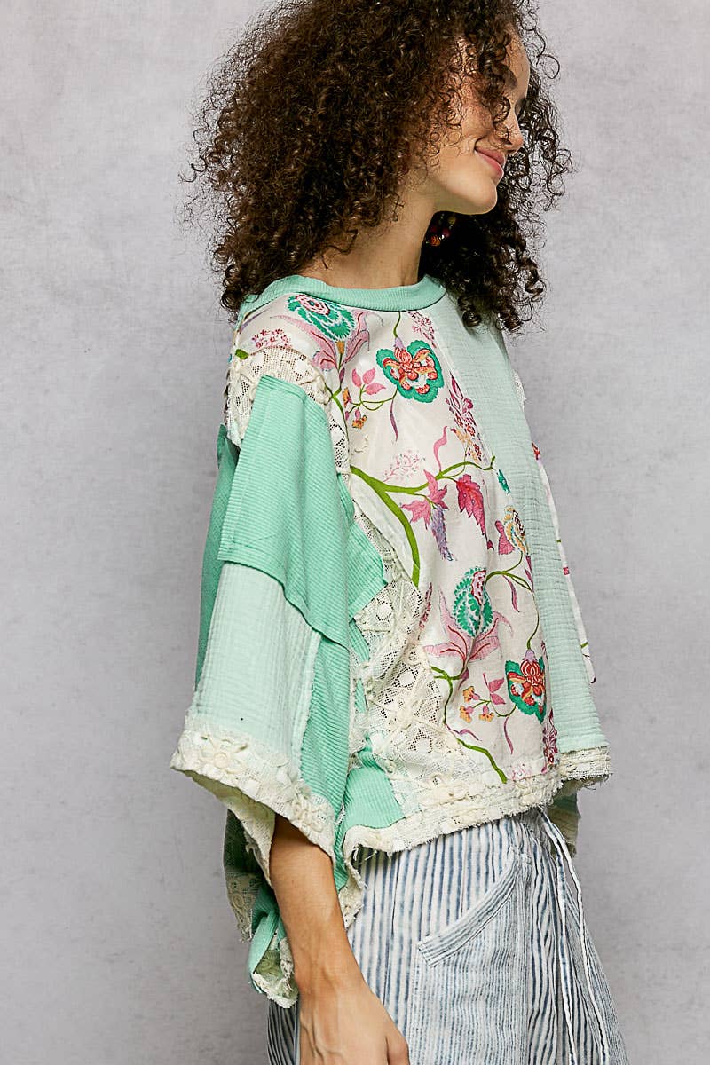 Round Neck Double Gauze Floral Woven Top with mint green panels, oversized fit. Available in sizes XS-XL.