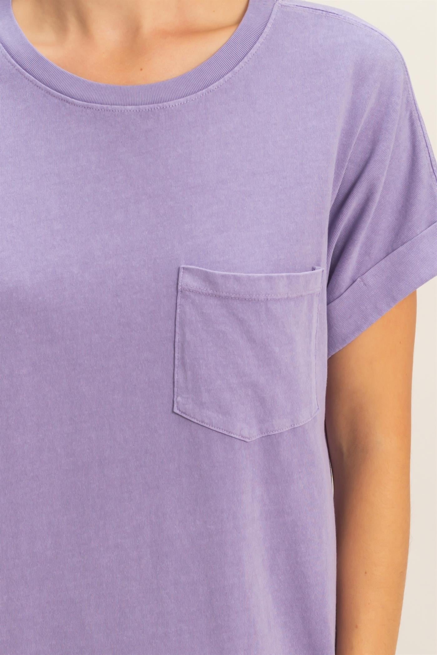 Light purple Relaxed Fit Crewneck T-Shirt Dress with short sleeves, chest pocket; available in sizes XS-XL.