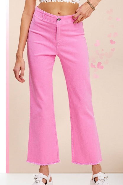 Candy Pink Soft Washed Stretchy High Waisted Flare Pants. Available in sizes XS-XL.