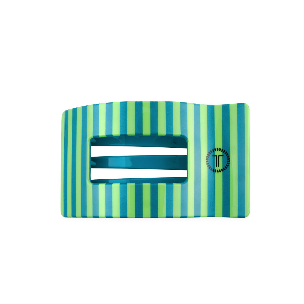 The Cabana Cutie Flat Rectangle Hair Clip by TELETIES has horizontal green and blue stripes, two central slots, a small circular logo on the right, and is available in medium size.