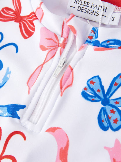 White 4th of July “Bow” Swimsuit with short zipper, collar, pink/blue/red butterfly print. Size 3 by RYLEE FAITH DESIGNS.