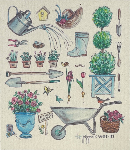 English Cottage Garden Swedish Cloth with watercolor gardening tools and plants. Available in 6x8" and 7x8" sizes.