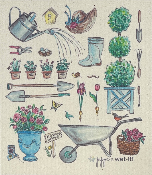 English Cottage Garden Swedish Cloth with watercolor gardening tools and plants. Available in 6x8" and 7x8" sizes.